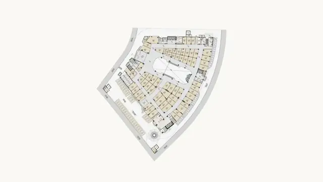Commercial floor plan with shops around a central atrium