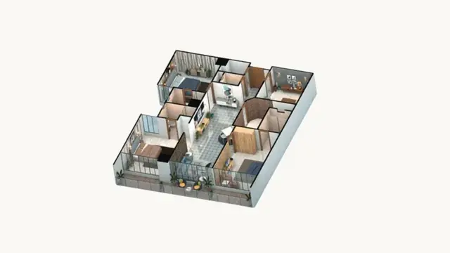 Three-bedroom apartment, 3D view