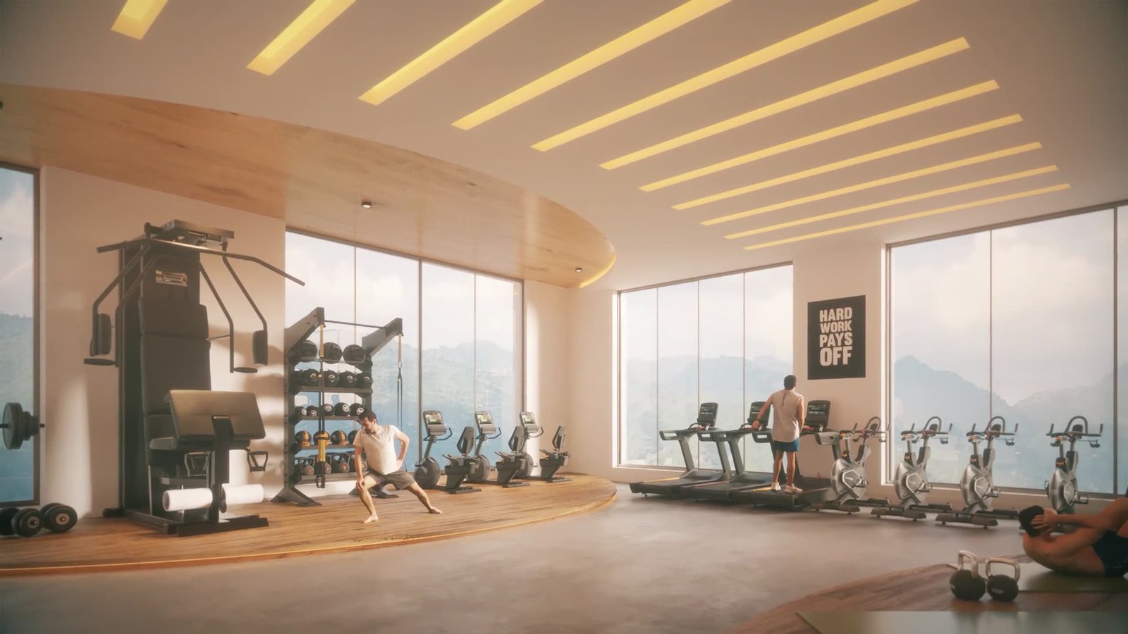 Fitness centre with floor-to-ceiling windows