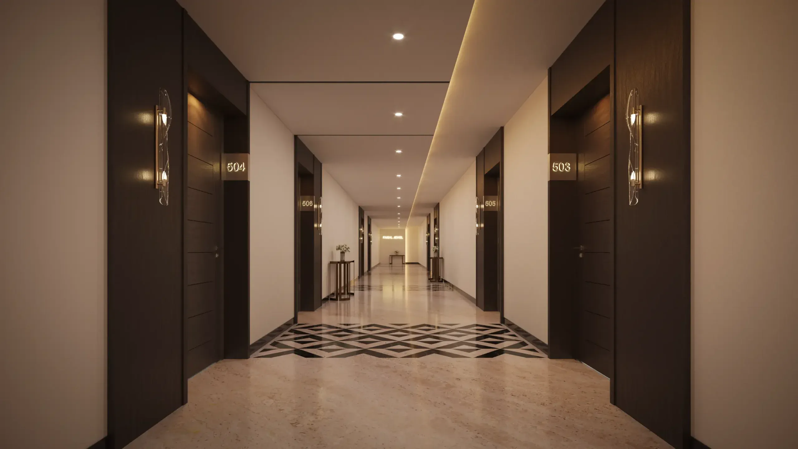 Residential corridor with patterned marble floor