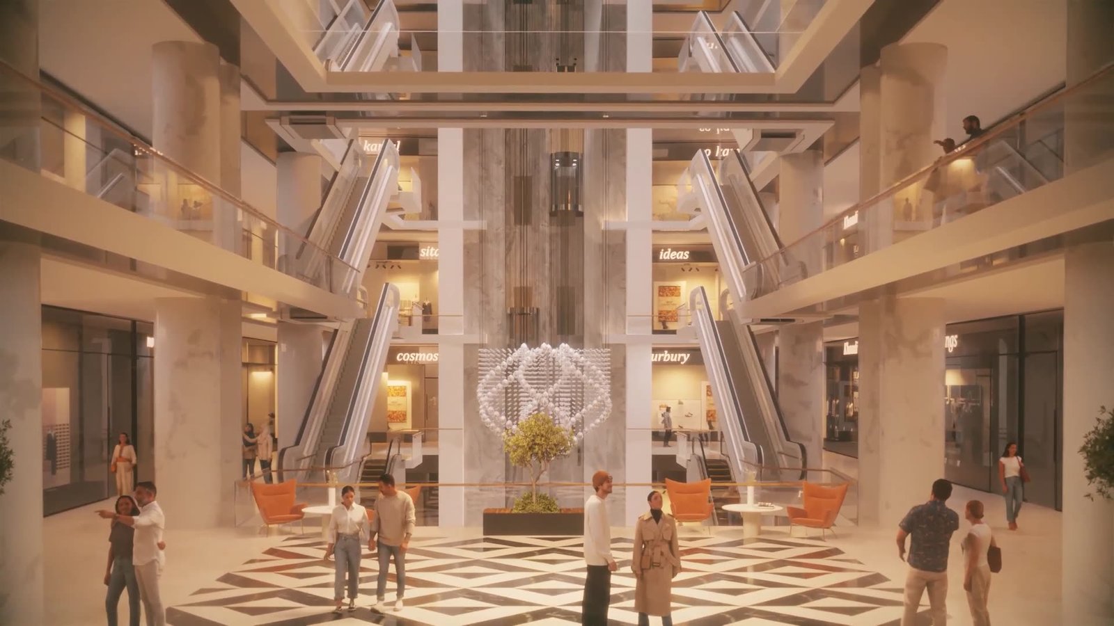 Multi-level retail atrium with escalators