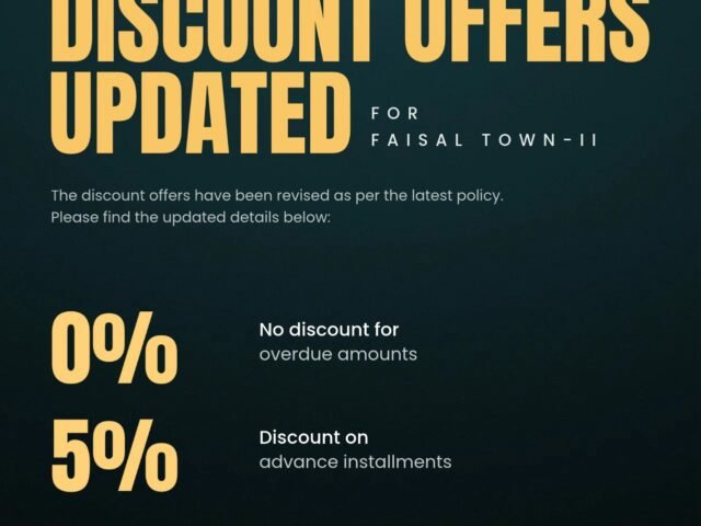 ELB Marketing notice: revised Faisal Town-II discount offers, 0% on overdue amounts, 5% on advance installments, 10% on full balance clearance