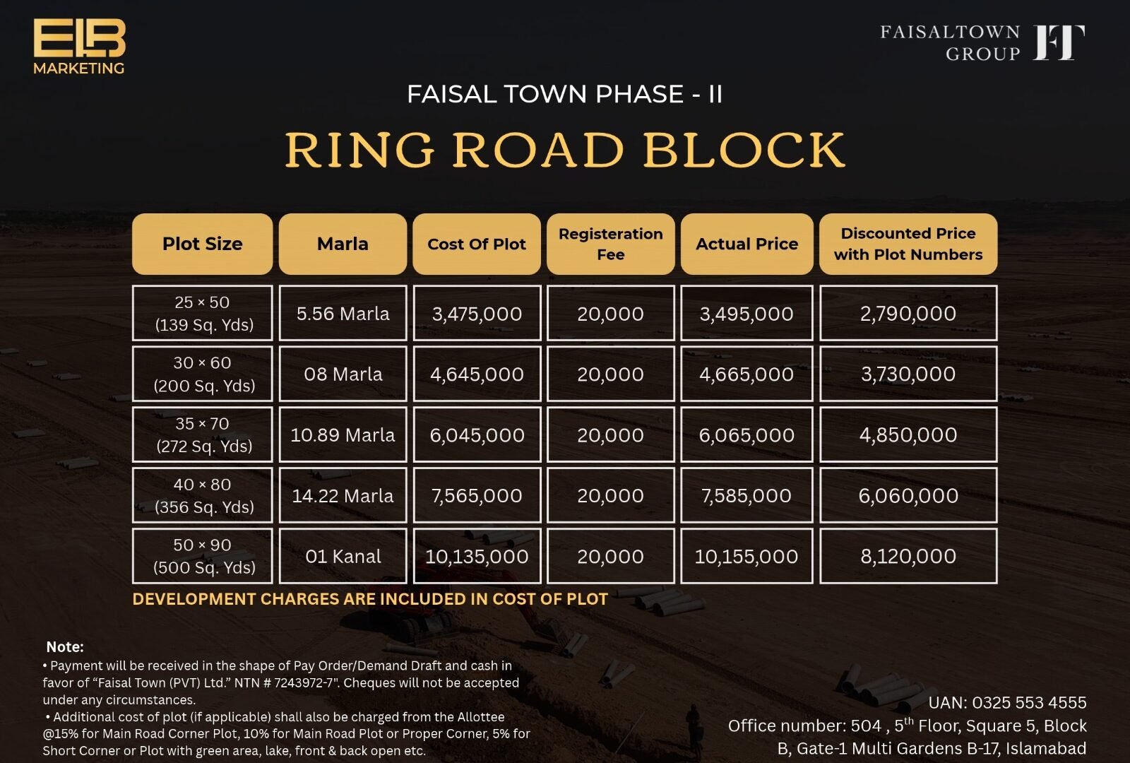 Faisal Town Phase 2 Ring Road Block price list from ELB Marketing, showing plot sizes from 25 x 50 to 1 kanal