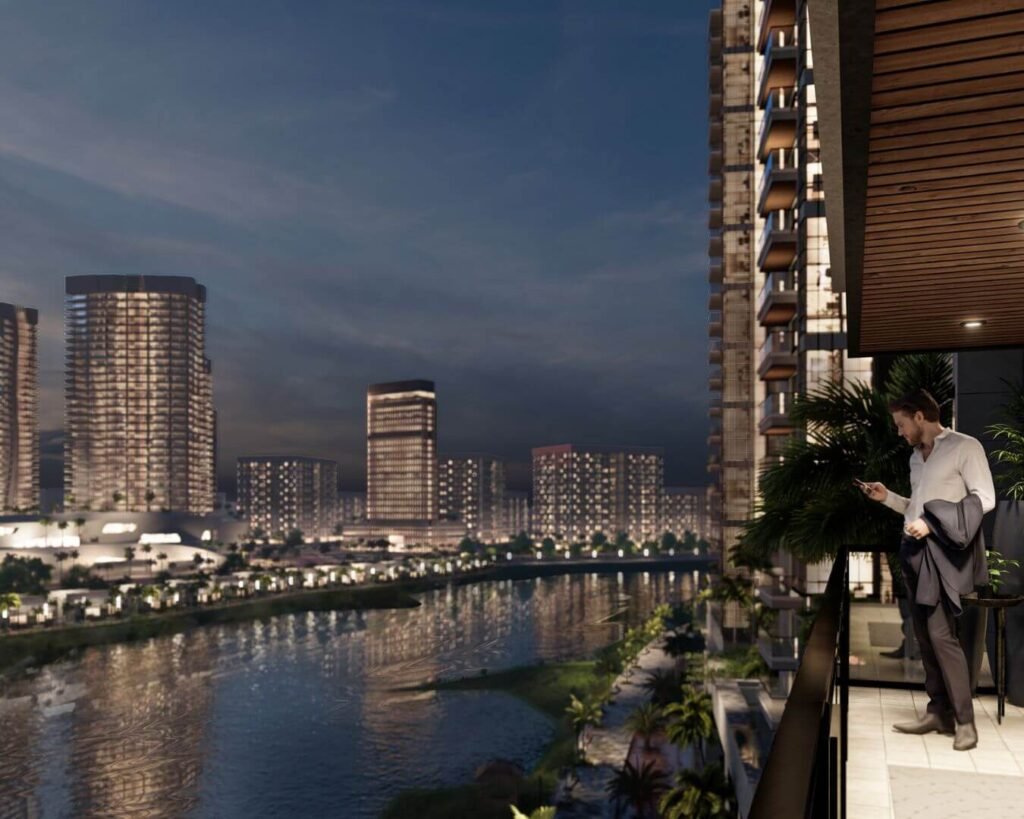 Faisal Town Phase 2 waterfront render at dusk
